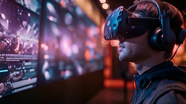 A man wearing a VR headset looks intently at the immersive virtual reality experience presented at a sales presentation.
