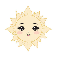 A beautiful sun with rays, drawn in a cartoon style for children.