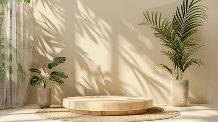 Elegant Product Staging: Beautiful Wooden Podium with Plant Decor for Professional Advertising