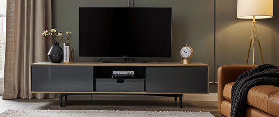Minimalist modern living room interior with flat screen TV, sleek furniture, and empty wall art gallery