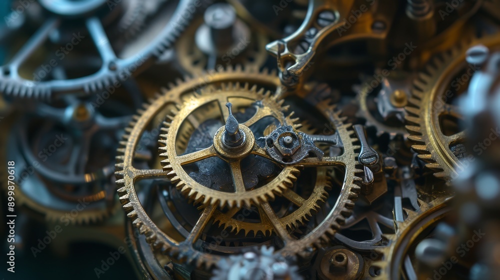 Poster a detailed macro shot of interlocking vintage clock gears, showcasing the precision and complexity o