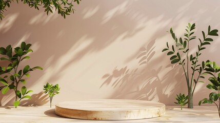 Elegant Product Staging: Beautiful Wooden Podium with Plant Decor for Professional Advertising