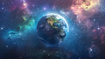 Obraz premium A detailed depiction of Earth floating in the vacuum of space with colorful nebulae