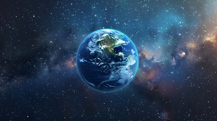 A detailed depiction of Earth floating in the vacuum of space with colorful nebulae