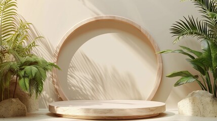Elegant Product Staging: Beautiful Wooden Podium with Plant Decor for Professional Advertising