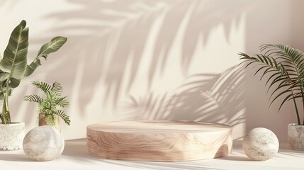 Elegant Product Staging: Beautiful Wooden Podium with Plant Decor for Professional Advertising