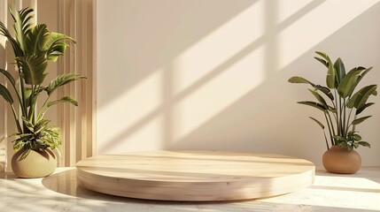 Elegant Product Staging: Beautiful Wooden Podium with Plant Decor for Professional Advertising