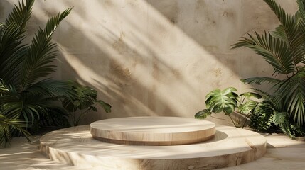 Elegant Product Staging: Beautiful Wooden Podium with Plant Decor for Professional Advertising