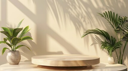 Elegant Product Staging: Beautiful Wooden Podium with Plant Decor for Professional Advertising