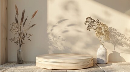 Elegant Product Staging: Beautiful Wooden Podium with Plant Decor for Professional Advertising