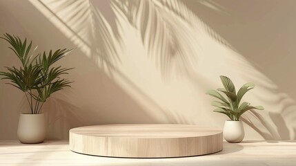 Elegant Product Staging: Beautiful Wooden Podium with Plant Decor for Professional Advertising