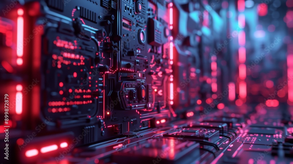 Poster a visually captivating image of a high-tech circuit board featuring intricate components and glowing