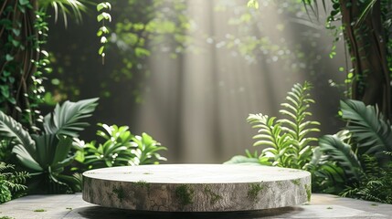 Cosmetic Product Mockup: White Podium Amidst Green Nature and Tropical Plants for Natural Presentation