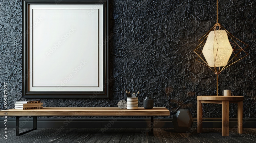 Poster a contemporary room with a large empty picture frame on a black textured wall, accompanied by a scan