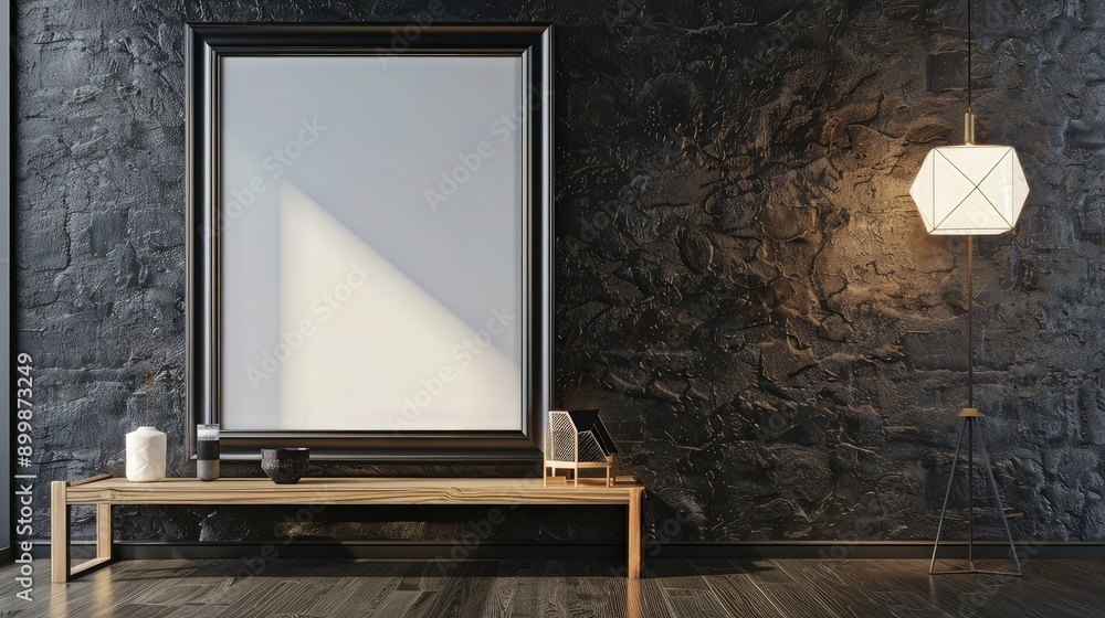 Poster a contemporary room with a large empty picture frame on a black textured wall, accompanied by a scan