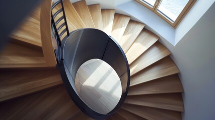 Fototapeta premium Helical staircase with solid wood steps and steel railings 