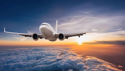 Obraz premium Commercial Airplane Jetliner Flying Above Dramatic Clouds in Sunset Light