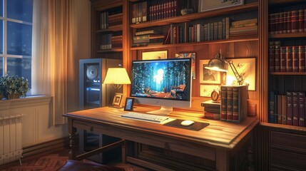 Cozy Home Office Workspace with Desktop Computer – Warm Lighting, Wooden Desk, Bookshelves and Study Vibes for Productivity, Remote Work, and Intellectual Lifestyle Concepts