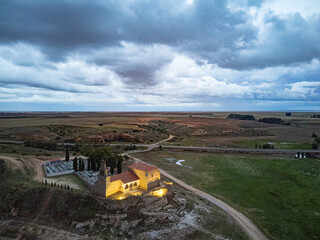 Aerial view of the hermitage of Nuestra Señora del Castillo, in Montamarta (Zamora)