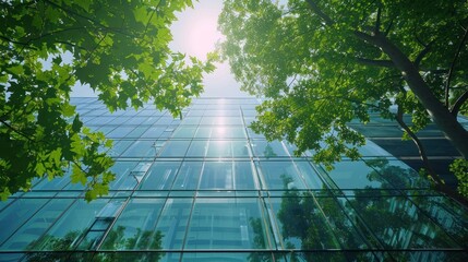 Eco-friendly building in the modern city. Green tree branches with leaves
