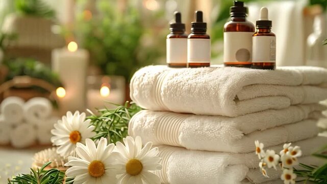 A spa kit featuring moisturizing creams and essential oils, arranged on a stack of white towels.
