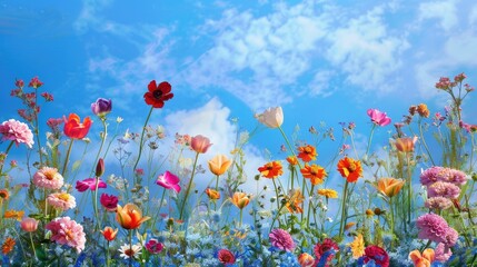 Abstract flower garden, beautiful blue sky, sweet peas flowers, zinnias, tulips. photographic like