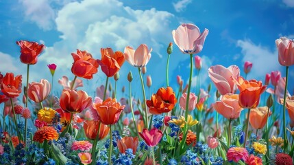 Obraz premium Abstract flower garden, beautiful blue sky, sweet peas flowers, zinnias, tulips. photographic like