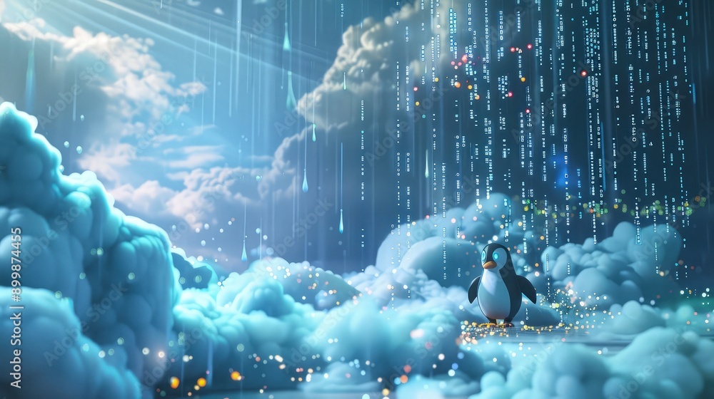 Poster a digital landscape during a code storm, with streams of code raining down and the linux penguin mas