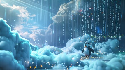 A digital landscape during a code storm, with streams of code raining down and the Linux penguin mascot incorporated into a cloud formation, highlighting the system's resilience and adaptability.