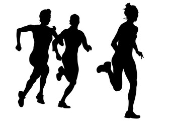 Young athletes run a marathon. Isolated silhouettes on white background