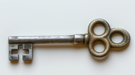 Vintage key with intricate design lying on a plain white surface, symbolizing mystery and access.