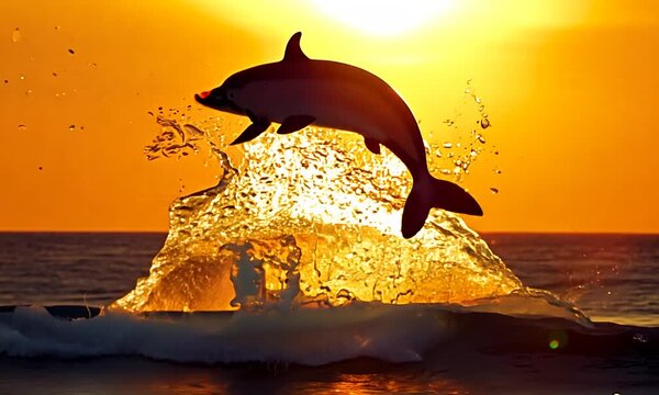 A playful dolphin leaping out of the crystal-clear ocean water against a backdrop of a setting sun 