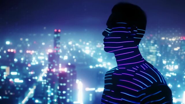 A silhouette of a young man outlined with glowing, futuristic stripes stands against the backdrop of a vibrant cityscape at night. The lights create a cyberpunk atmosphere, highlighting the modern