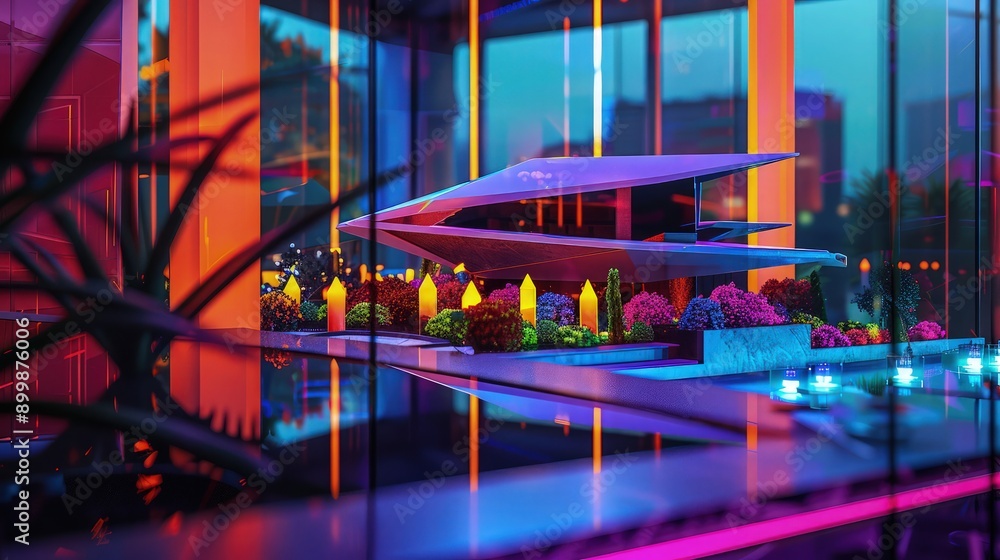 Poster a futuristic miniature model home with angular designs and neon landscaping, viewed through a sleek 