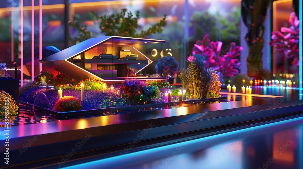 Poster a futuristic miniature model home with angular designs and neon landscaping, viewed through a sleek 
