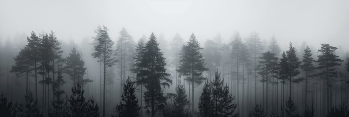 Obraz premium Tall pine trees shrouded in mist create an eerie forest scene.