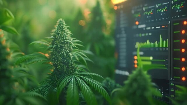 A digital dashboard displays real-time data from a cannabis cultivation facility, showing growth metrics and environmental conditions.