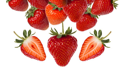Whole strawberries and halved strawberries, artfully arranged and isolated on a transparent background,  PNG file.