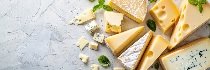 Different kinds of cheese like parmesan, brie, roquefort, and cheddar are displayed in a copy space 