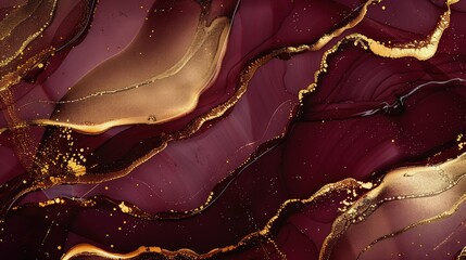 A luxurious abstract background created by merging gold and deep burgundy alcohol inks, perfect for sophisticated graphic uses or elegant decor themes.