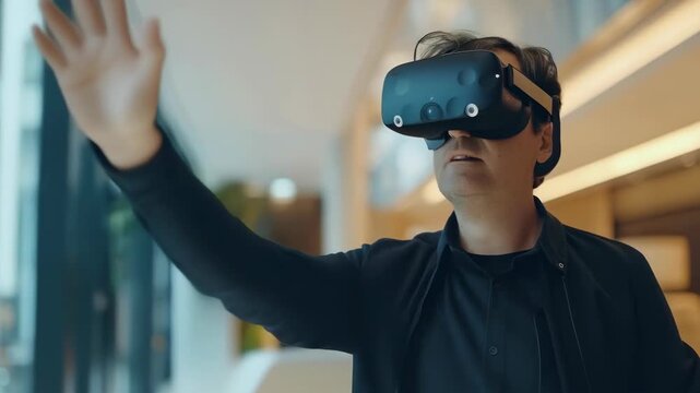 A middle-aged Caucasian man wearing a black jacket experiences virtual reality using a headset. He is indoors, likely in an office or modern venue, with ambient light filtering in through large