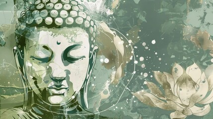 olive green, white, mint abstract buddha illustration boho AI generated