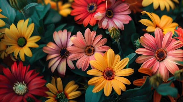 Outdoor photo of a bunch of multicolored flowers AI generated