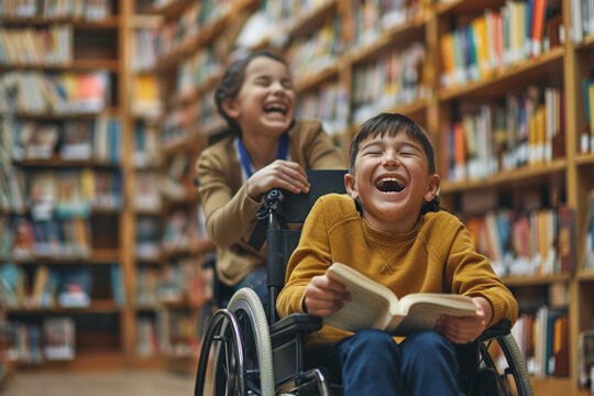 Laughing boy in wheelchair reading book in library, joyful and inclusive learning environment with happy friend. Smiling children in library, boy in wheelchair holding book, copy space
