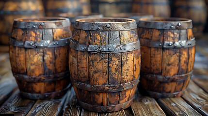 Fototapeta premium Wine barrels on a rustic wooden table. Vintage style