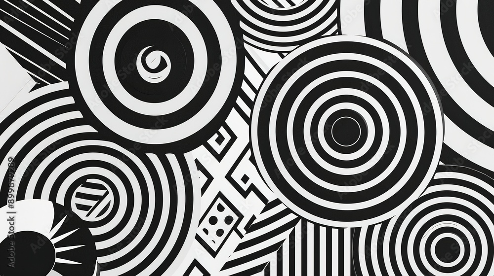 Poster retro black and white geometric pattern background, vector abstract circle, triangle and square line