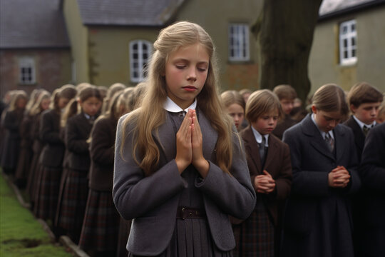 group of children with their eyes closed and heads bowed in prayer at school yard.
