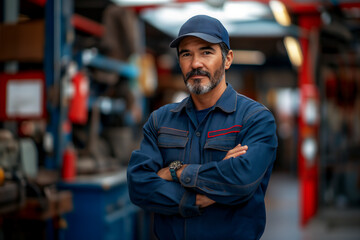 Middle age Hispanic man, mechanic, standing in auto repair garage, blue collar worker, copy space
