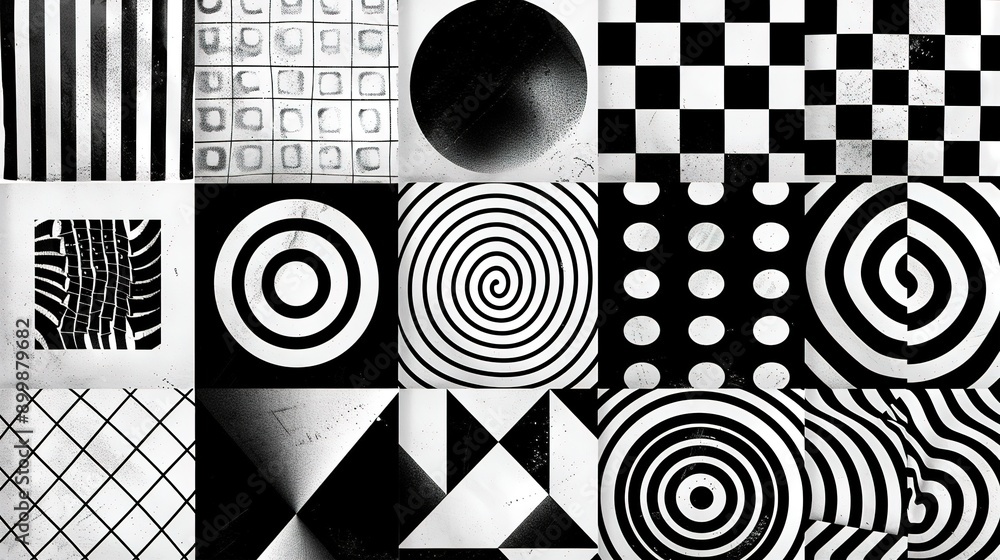 Poster retro black and white geometric pattern background, vector abstract circle, triangle and square line