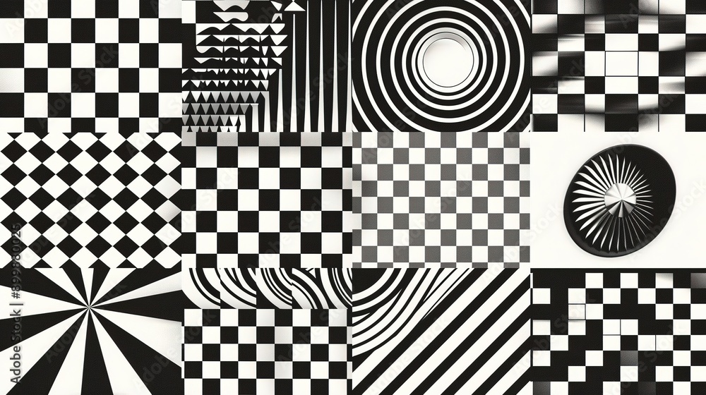 Poster retro black and white geometric pattern background, vector abstract circle, triangle and square line